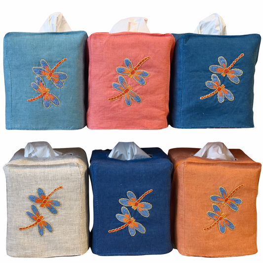 Tissue Box Covers, NEW "Dragonflies" group, hand embroidered linen
