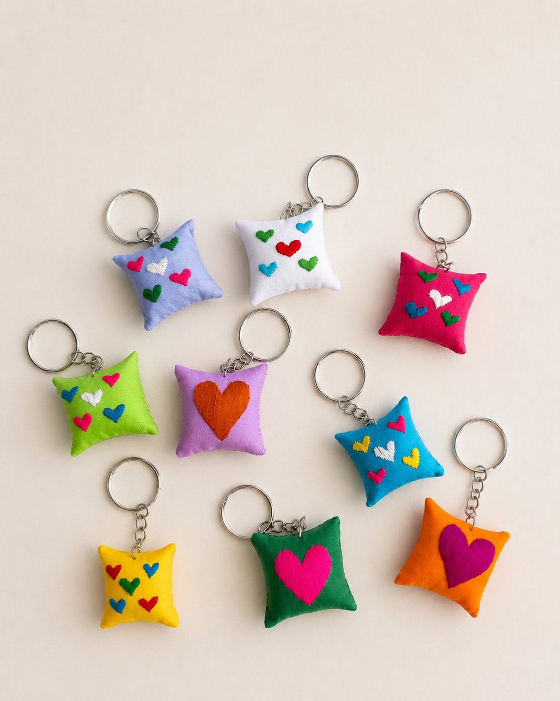 "Chalee" Keyrings, embroidered by Hmong in Laos— with cats and hearts