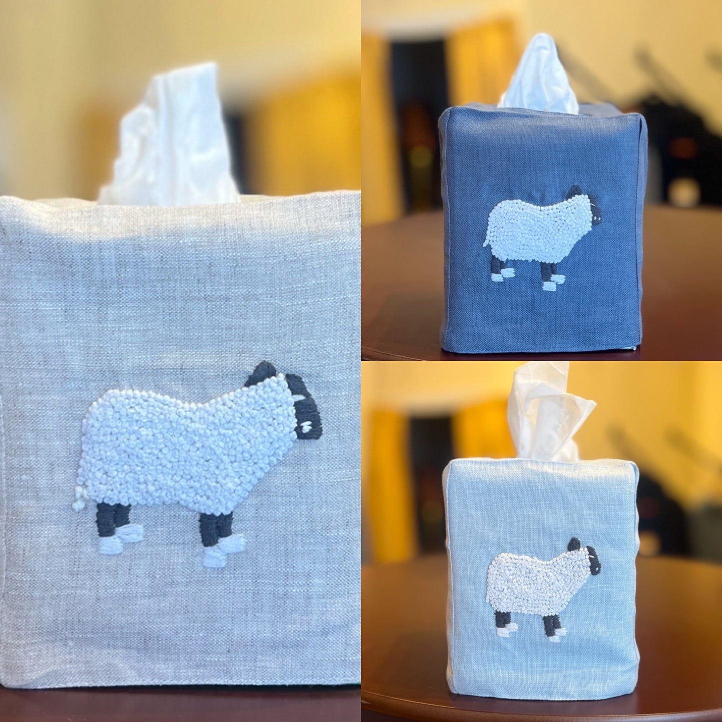 “Botanicals” Linen Tissue Box Covers, hand embroidered in Vietnam