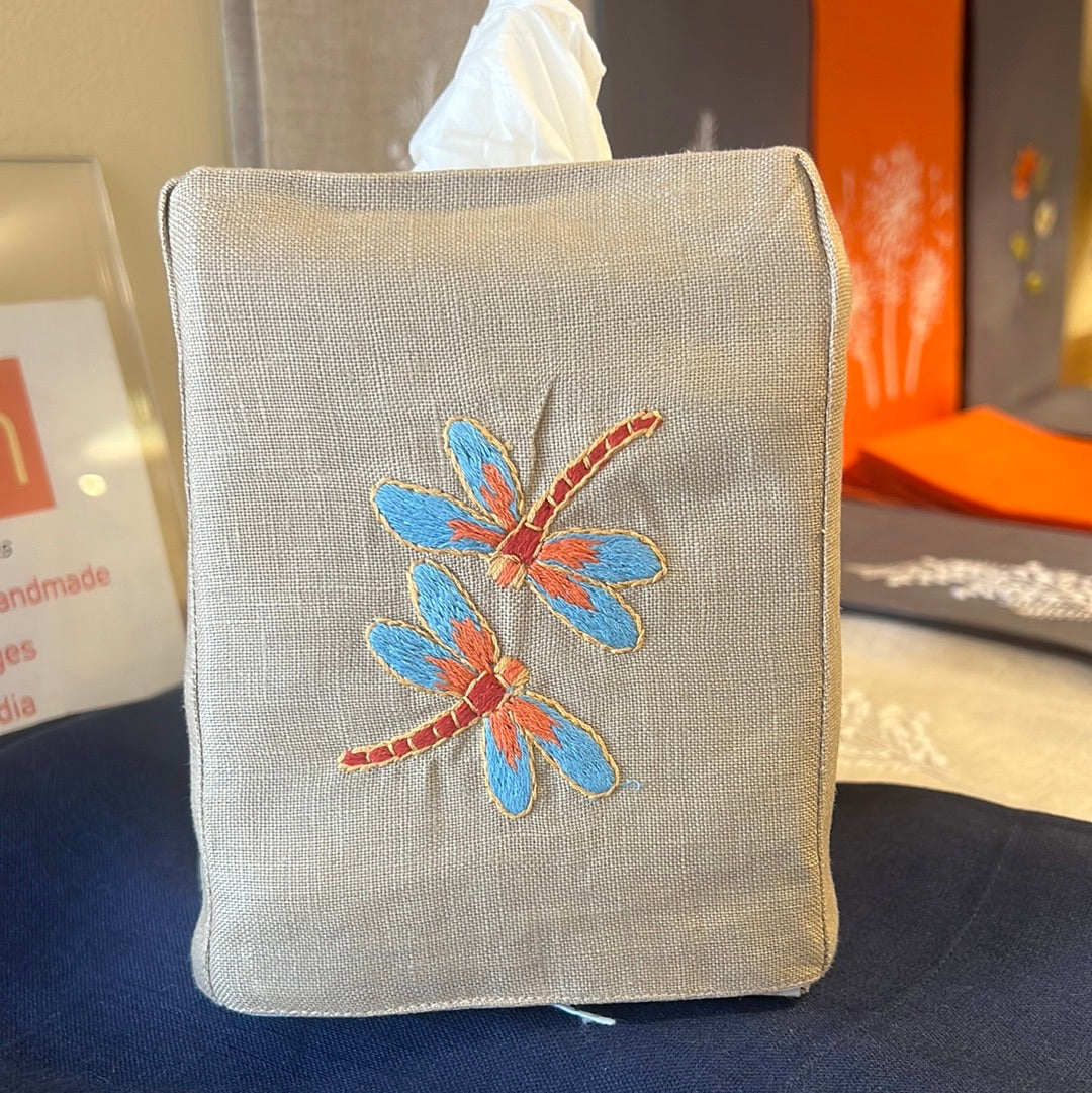 “Botanicals” Linen Tissue Box Covers, hand embroidered in Vietnam