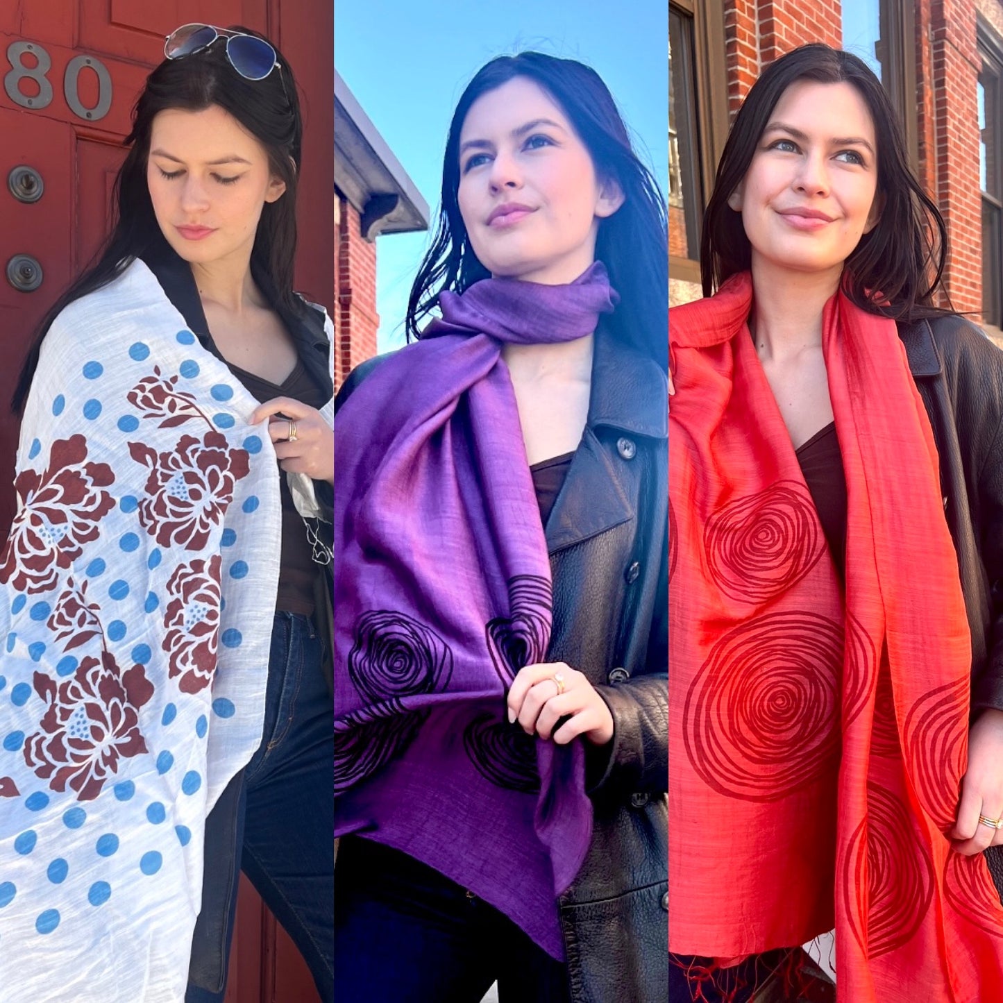 Screen Printed Silk Blend Scarves in 13 colors and patterns, hand printed in Vietnam