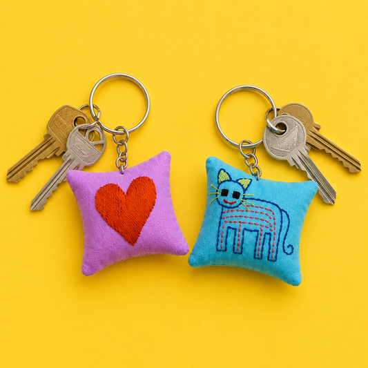 "Chalee" Keyrings, embroidered by Hmong in Laos— with cats and hearts