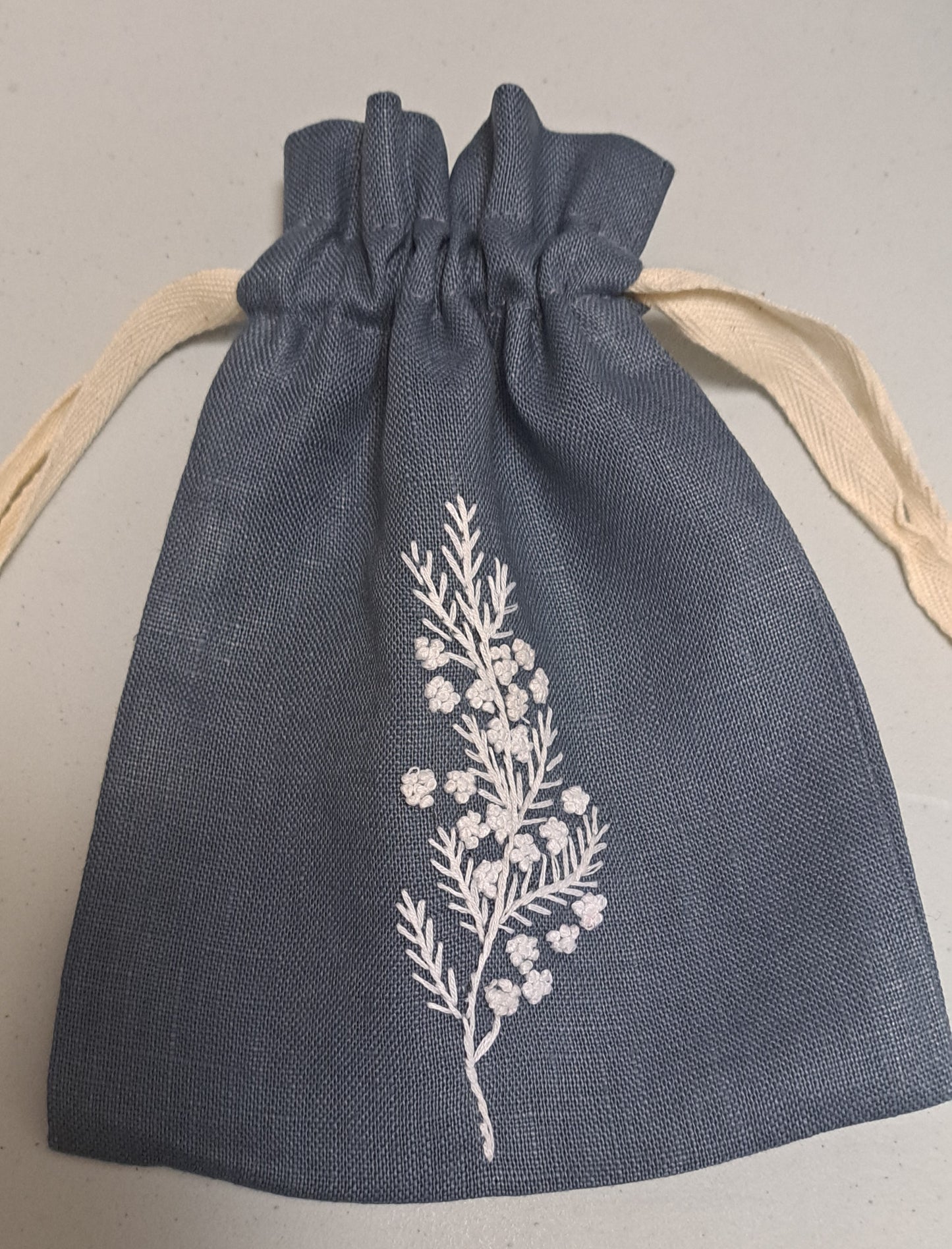 "Botanicals" Small Drawstring Pouch, hand embroidered linen ~5” x 6”