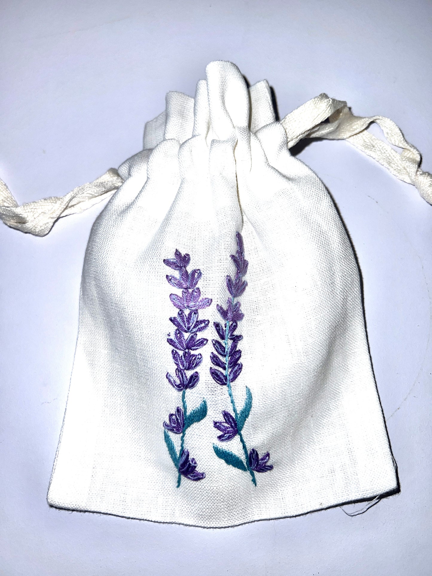 "Botanicals" Small Drawstring Pouch, hand embroidered linen ~5” x 6”