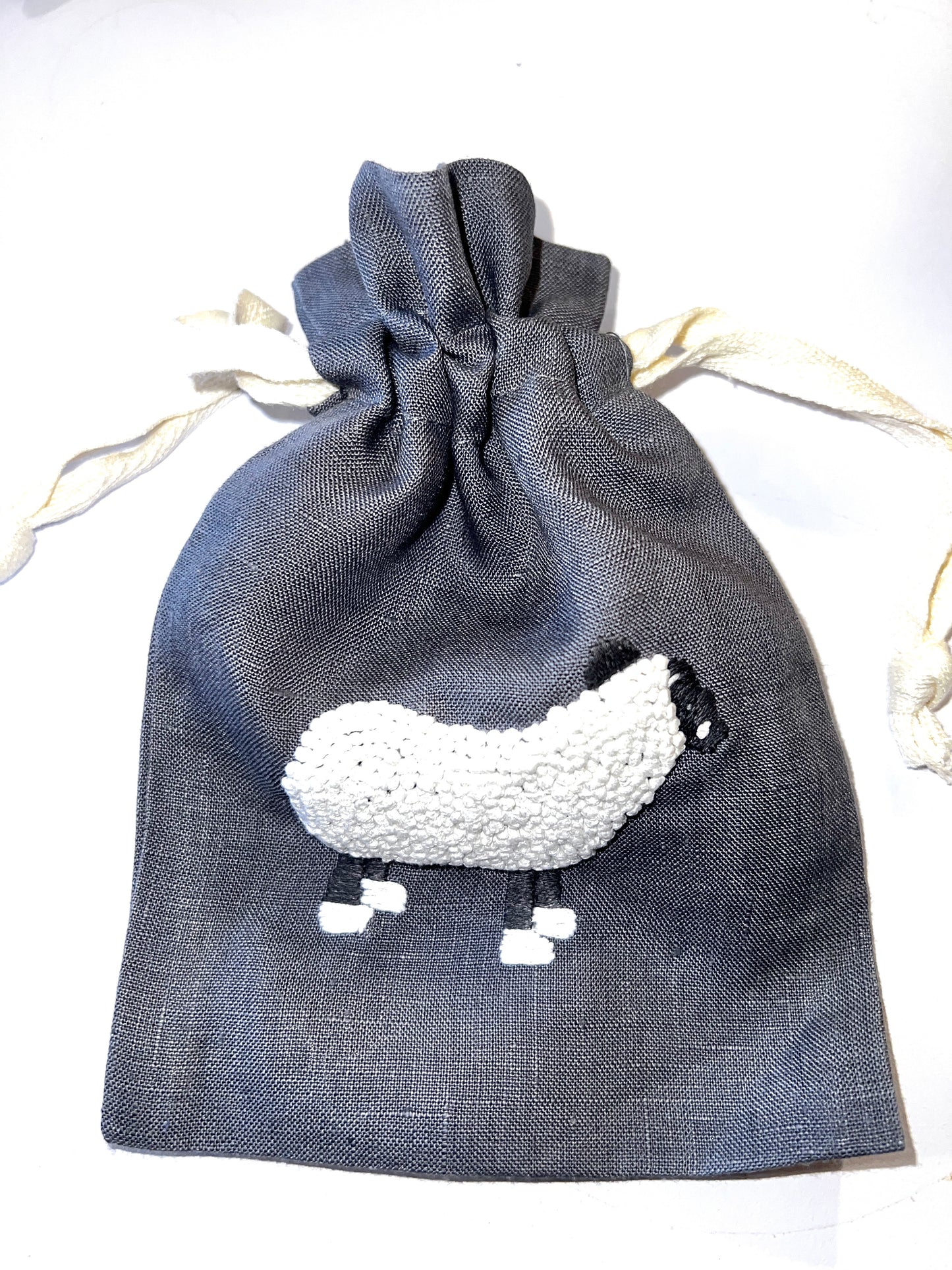 "Botanicals" Small Drawstring Pouch, hand embroidered linen ~5” x 6”