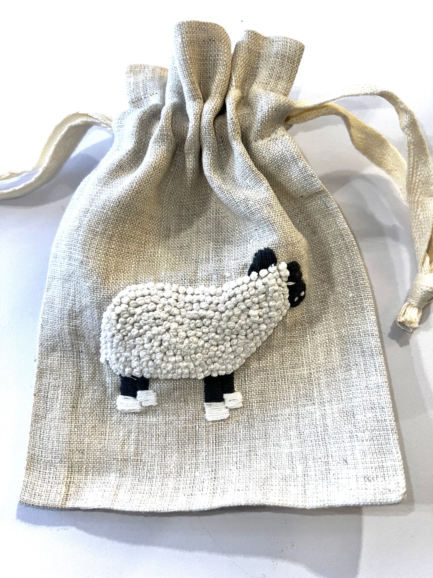 "Botanicals" Small Drawstring Pouch, hand embroidered linen ~5” x 6”