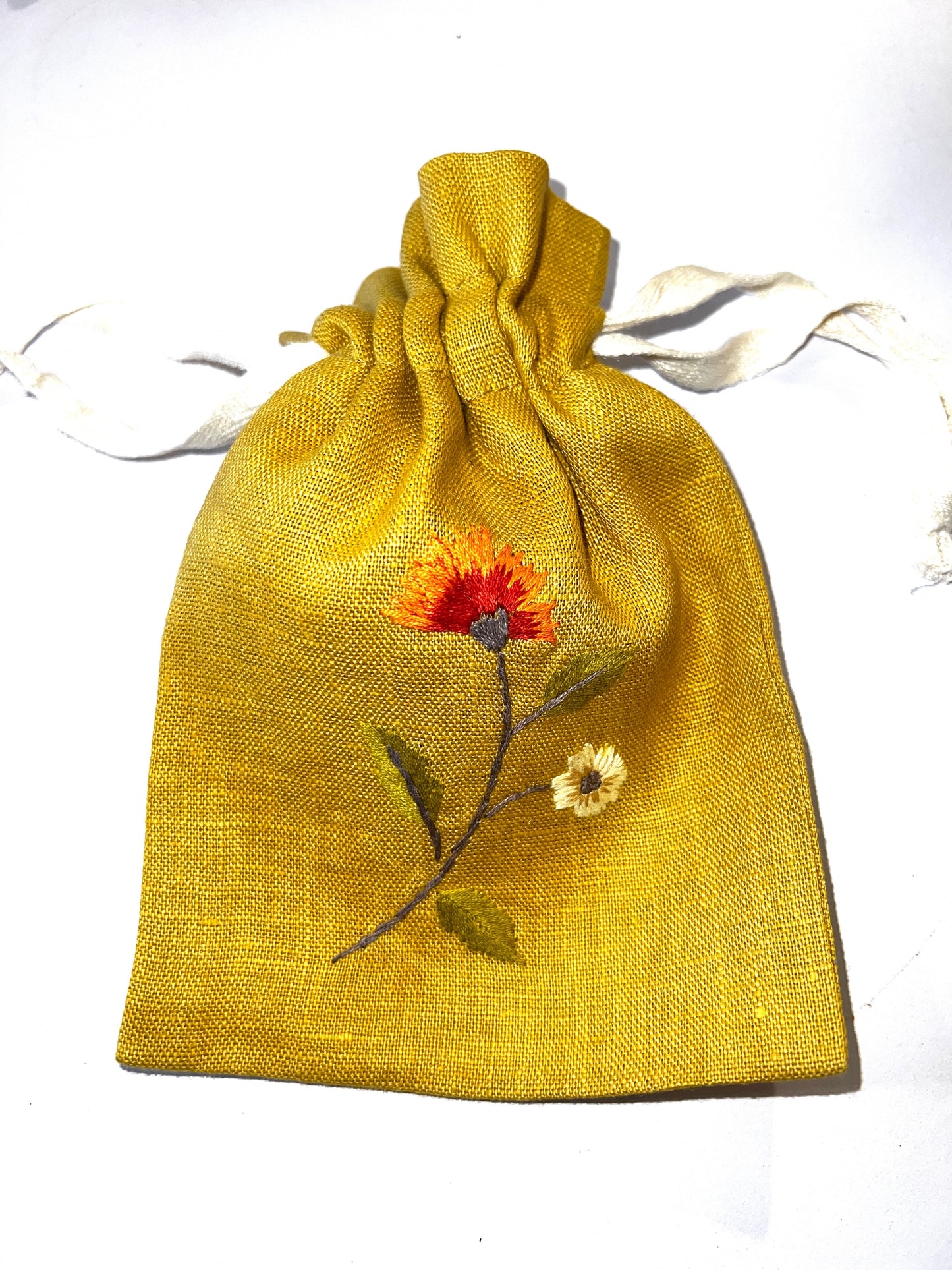 "Botanicals" Small Drawstring Pouch, hand embroidered linen ~5” x 6”