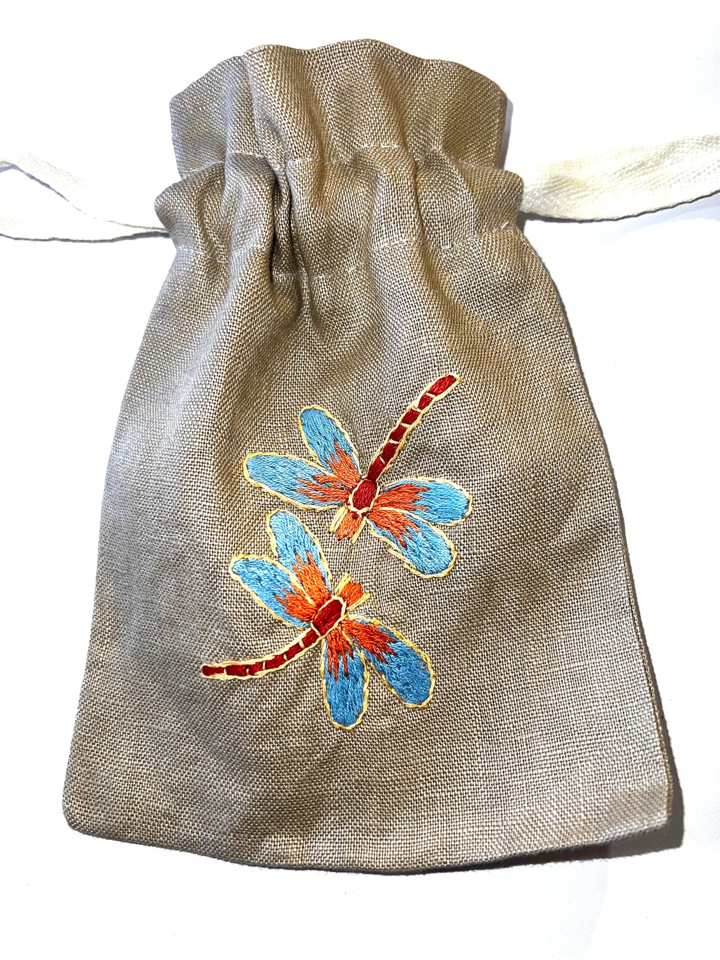 "Botanicals" Small Drawstring Pouch, hand embroidered linen ~5” x 6”