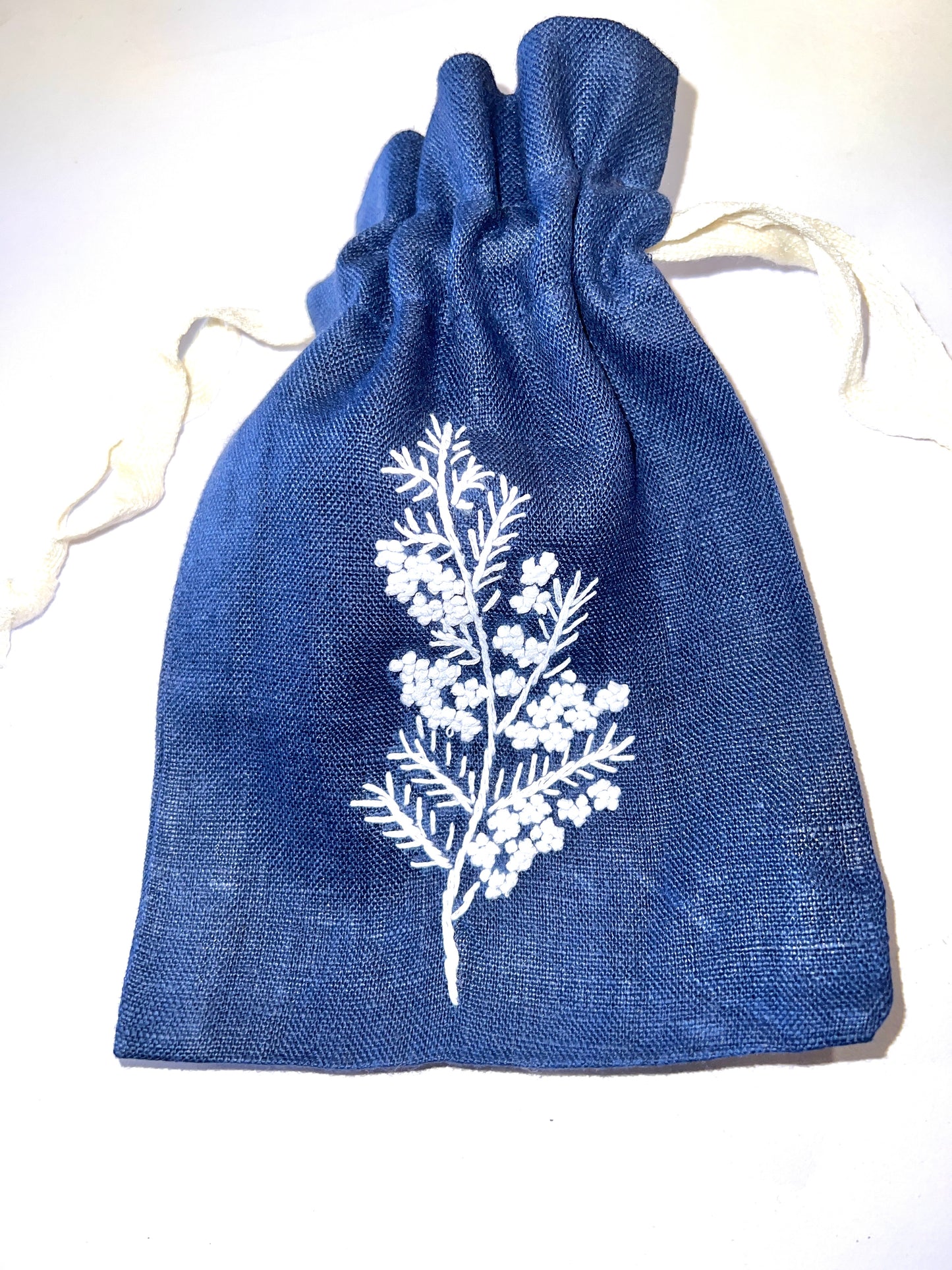 "Botanicals" Small Drawstring Pouch, hand embroidered linen ~5” x 6”