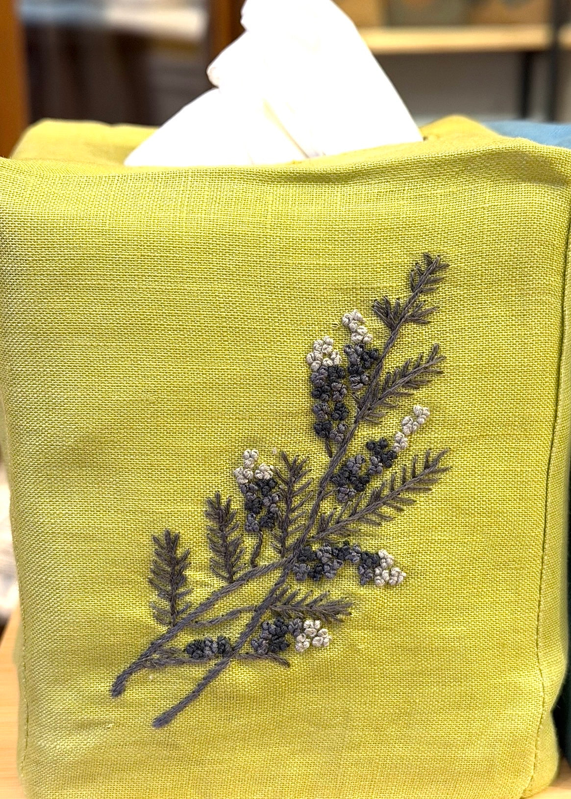 Tissue Box Covers, NEW "Gray Branch" group, hand embroidered linen