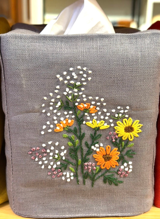 Tissue Box Covers, NEW "Colorful Bouquet" group, hand embroidered linen