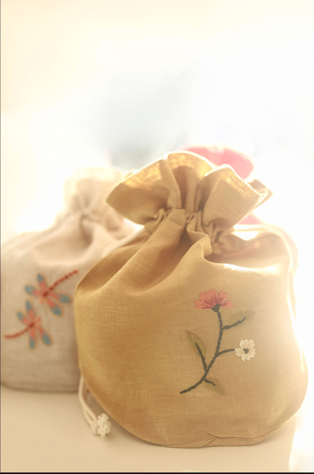 "Botanicals" Lg Drawstring Bag, hand embroidered linen