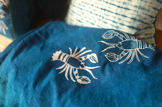 “Twin Lobsters” Batik Pillow Cover 20" x 20", made with real indigo by Hmong artisans in Vietnam