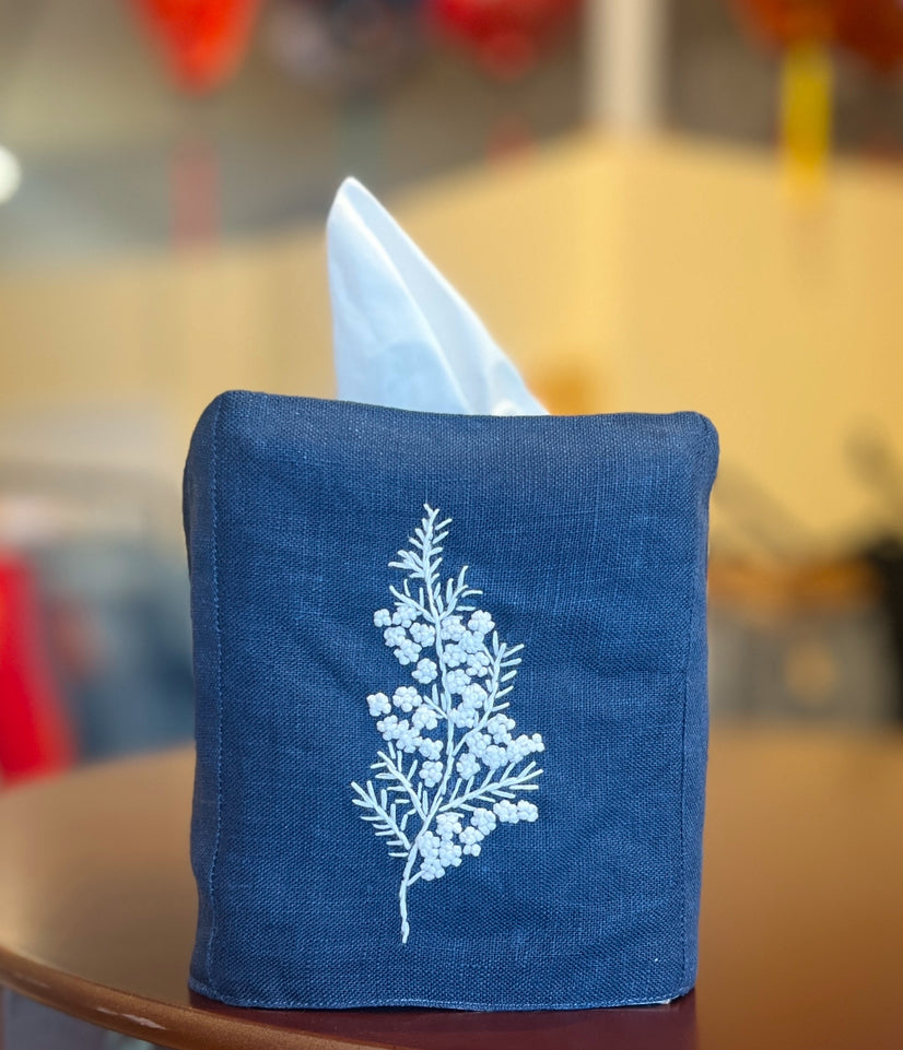 “Botanicals” Linen Tissue Box Covers, hand embroidered in Vietnam