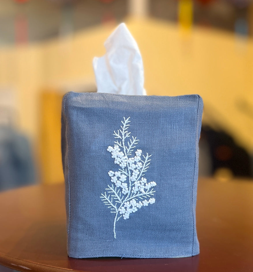 “Botanicals” Linen Tissue Box Covers, hand embroidered in Vietnam