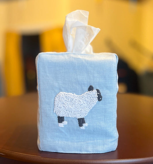 Tissue Box Covers, "Sheep" group, hand embroidered linen