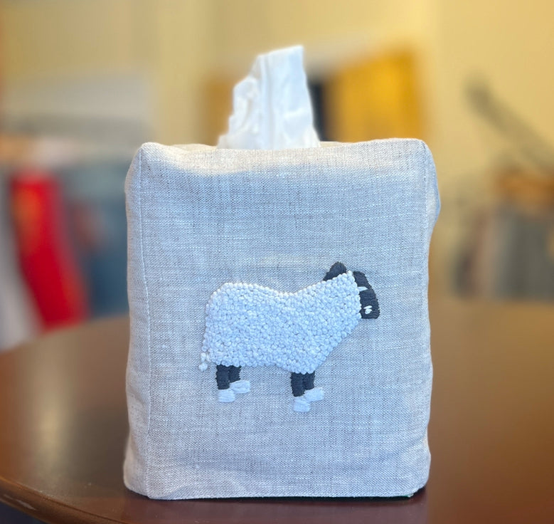“Botanicals” Linen Tissue Box Covers, hand embroidered in Vietnam