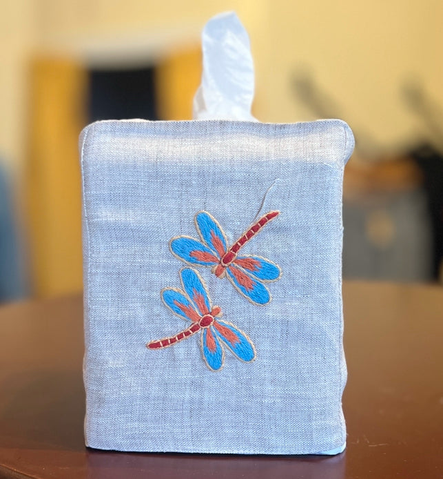 “Botanicals” Linen Tissue Box Covers, hand embroidered in Vietnam