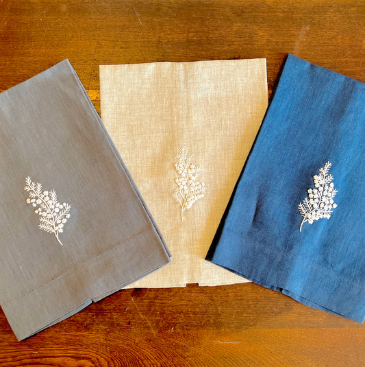 "Botanicals" Hand Towel, hand embroidered linen