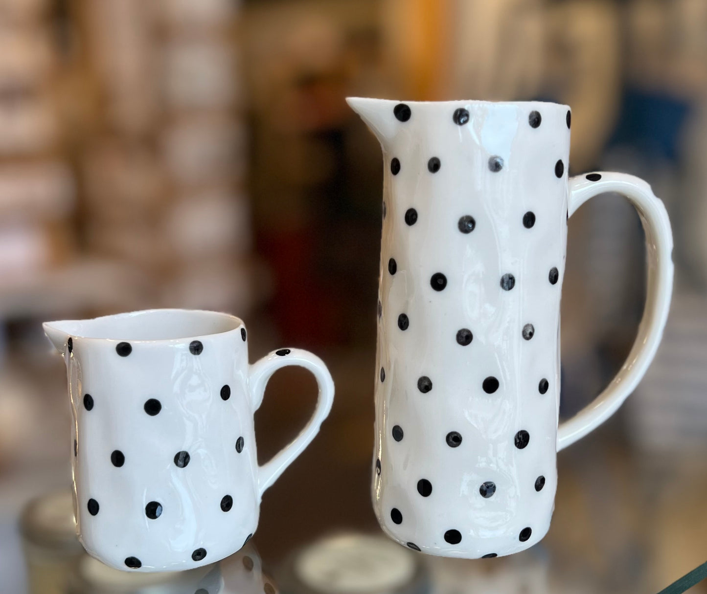 Ceramic Creamers with dots and lines, hand painted in Vietnam