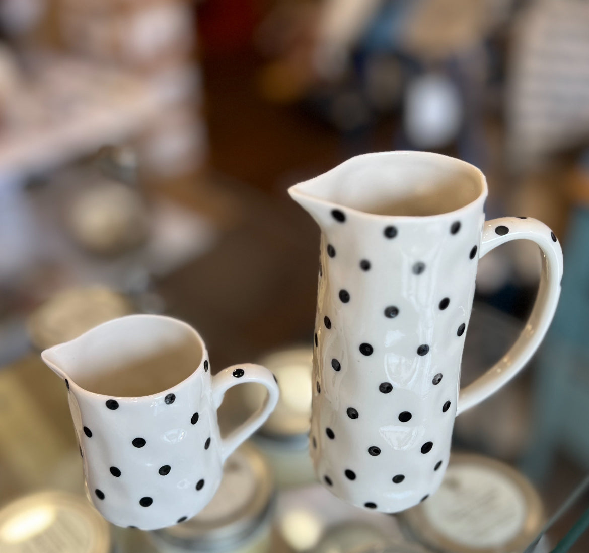 Ceramic Creamers with dots and lines, hand painted in Vietnam