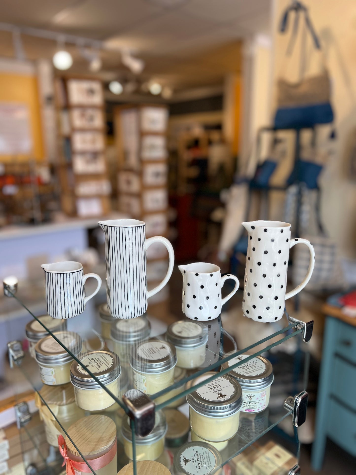 Ceramic Creamers with dots and lines, hand painted in Vietnam