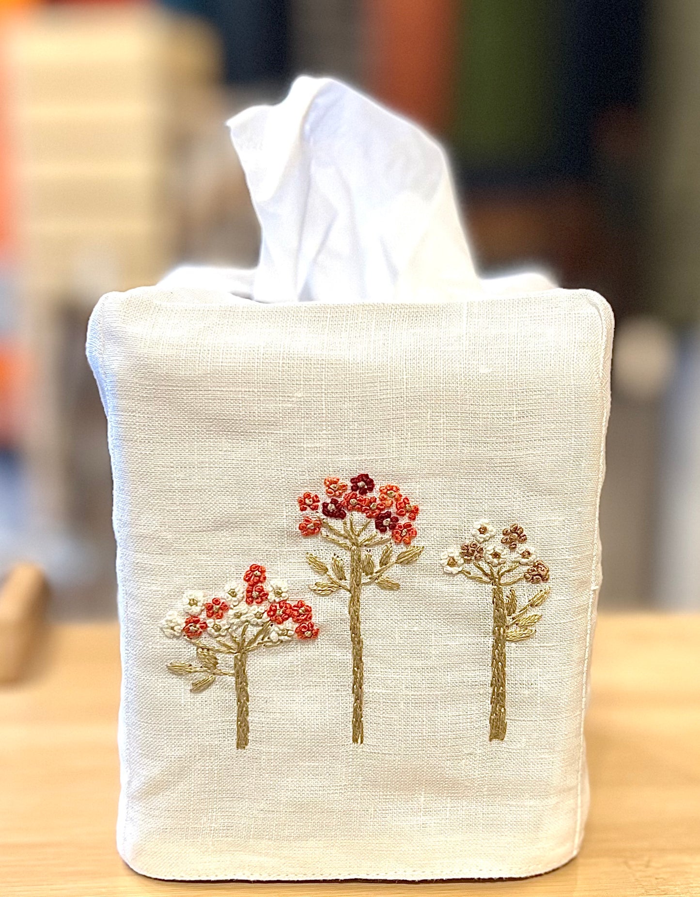 “Botanicals” Linen Tissue Box Covers, hand embroidered in Vietnam