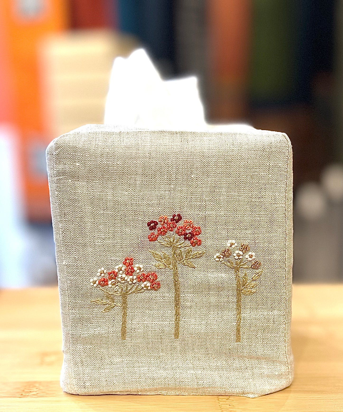 “Botanicals” Linen Tissue Box Covers, hand embroidered in Vietnam