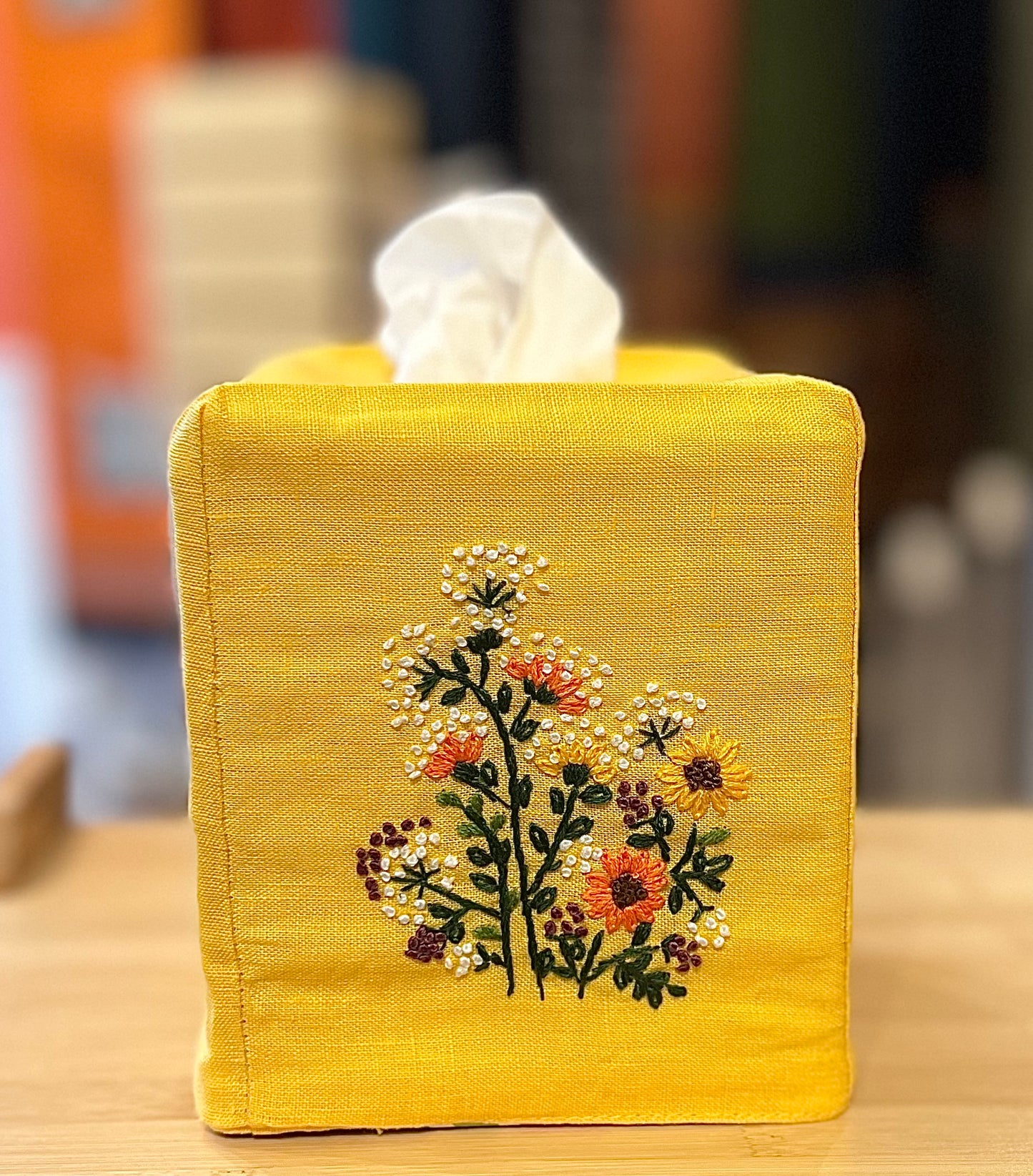 “Botanicals” Linen Tissue Box Covers, hand embroidered in Vietnam