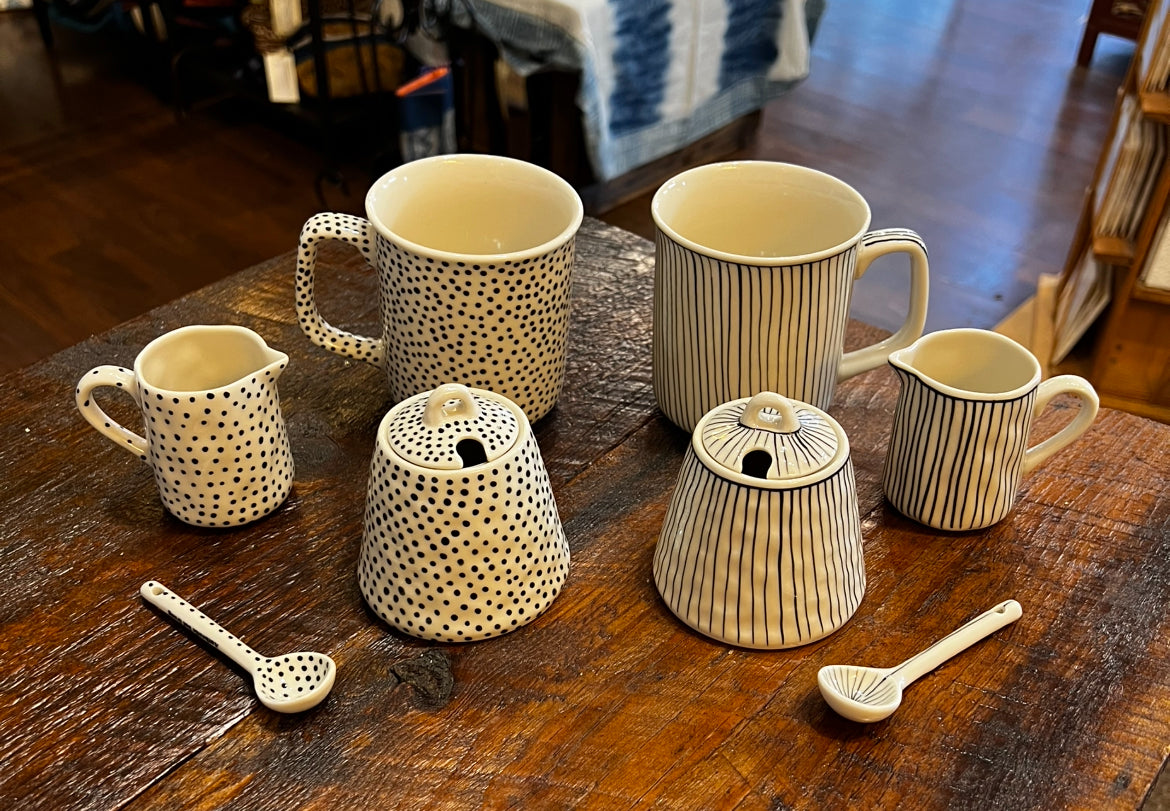 Hand-painted Sugar Bowls, w/ lines and dots, from Bat Trang, Vietnam