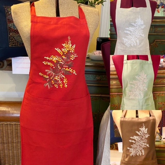 "Botanicals" Aprons, hand embroidered linen or cotton