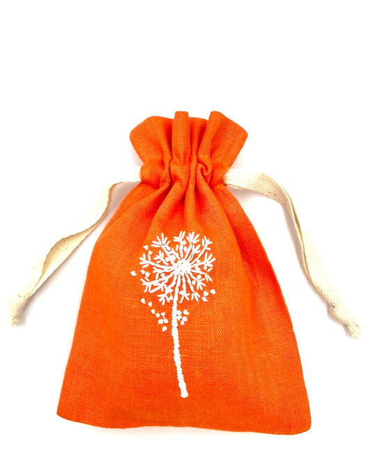 "Botanicals" Small Drawstring Pouch, hand embroidered linen ~5” x 6”