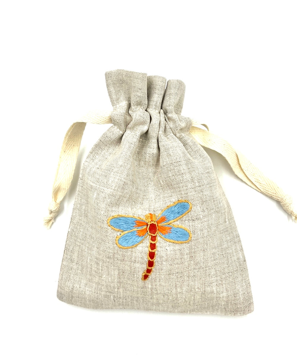 "Botanicals" Small Drawstring Pouch, hand embroidered linen ~5” x 6”