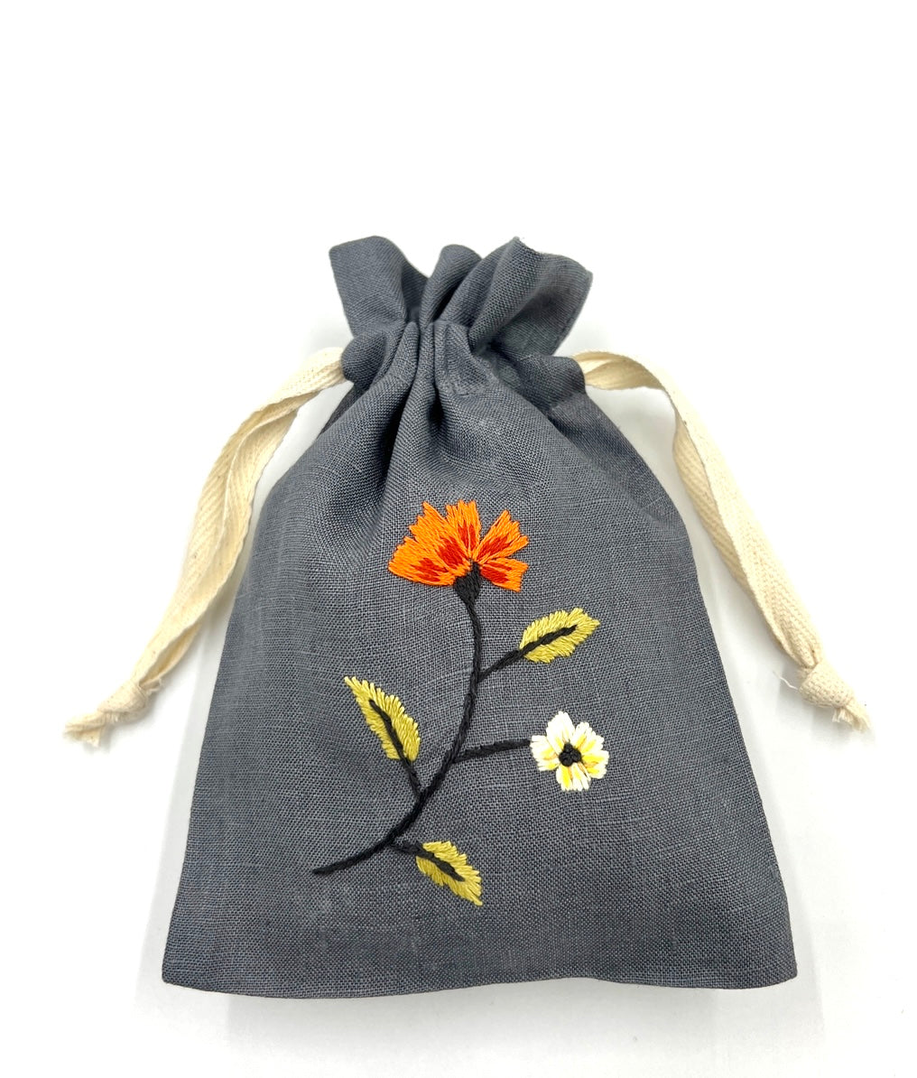 "Botanicals" Small Drawstring Pouch, hand embroidered linen ~5” x 6”