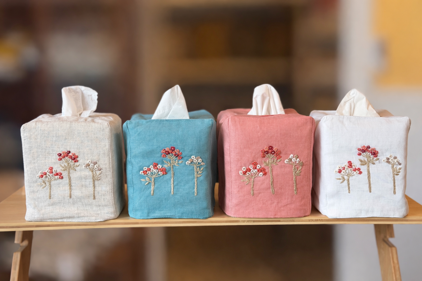 Tissue Box Covers, NEW "Flowers on Stems" group, hand embroidered linen