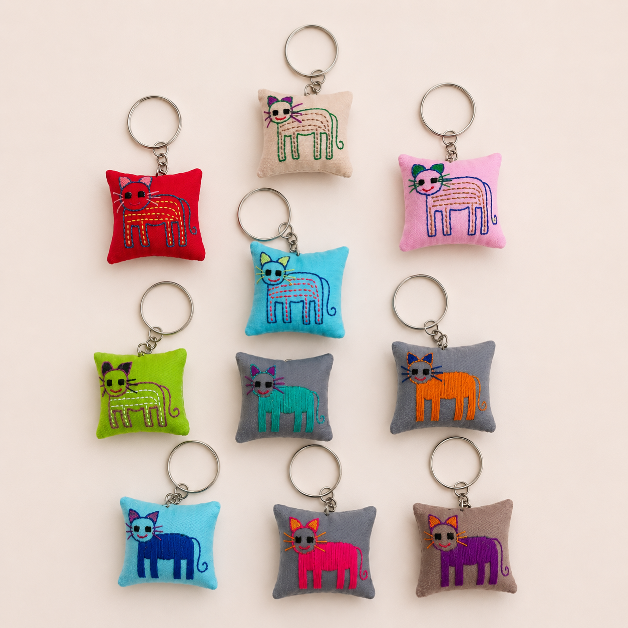 "Chalee" Keyrings, embroidered by Hmong in Laos— with cats and hearts