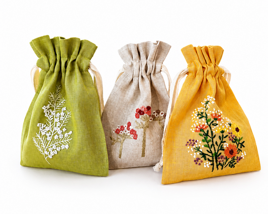 Linen Drawstring Pouches (dried lavender sachet included), 25+ Gorgeous Choices, hand embroidered in Vietnam!