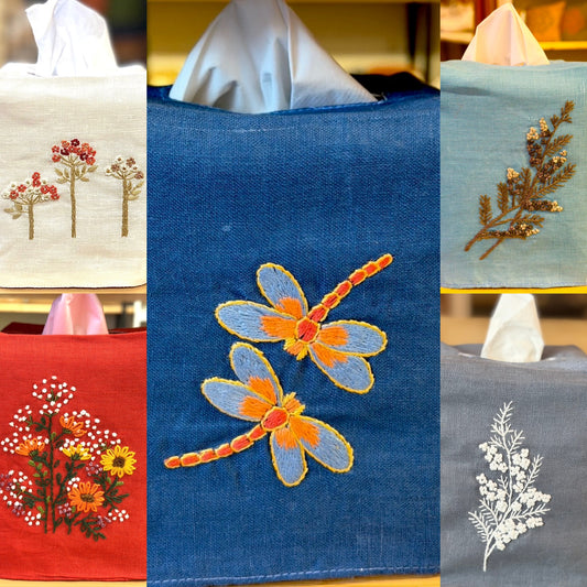 Linen Tissue Box Covers, 40+ Gorgeous Choices, hand embroidered in Vietnam
