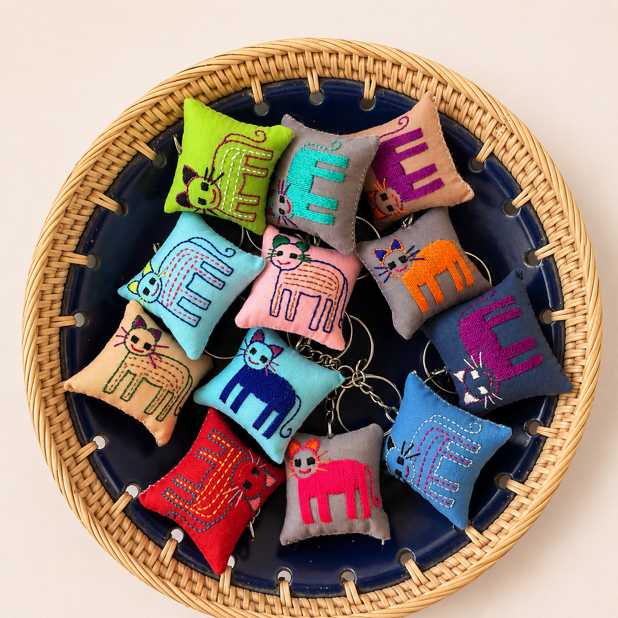 "Chalee" Keyrings, embroidered by Hmong in Laos— with cats and hearts