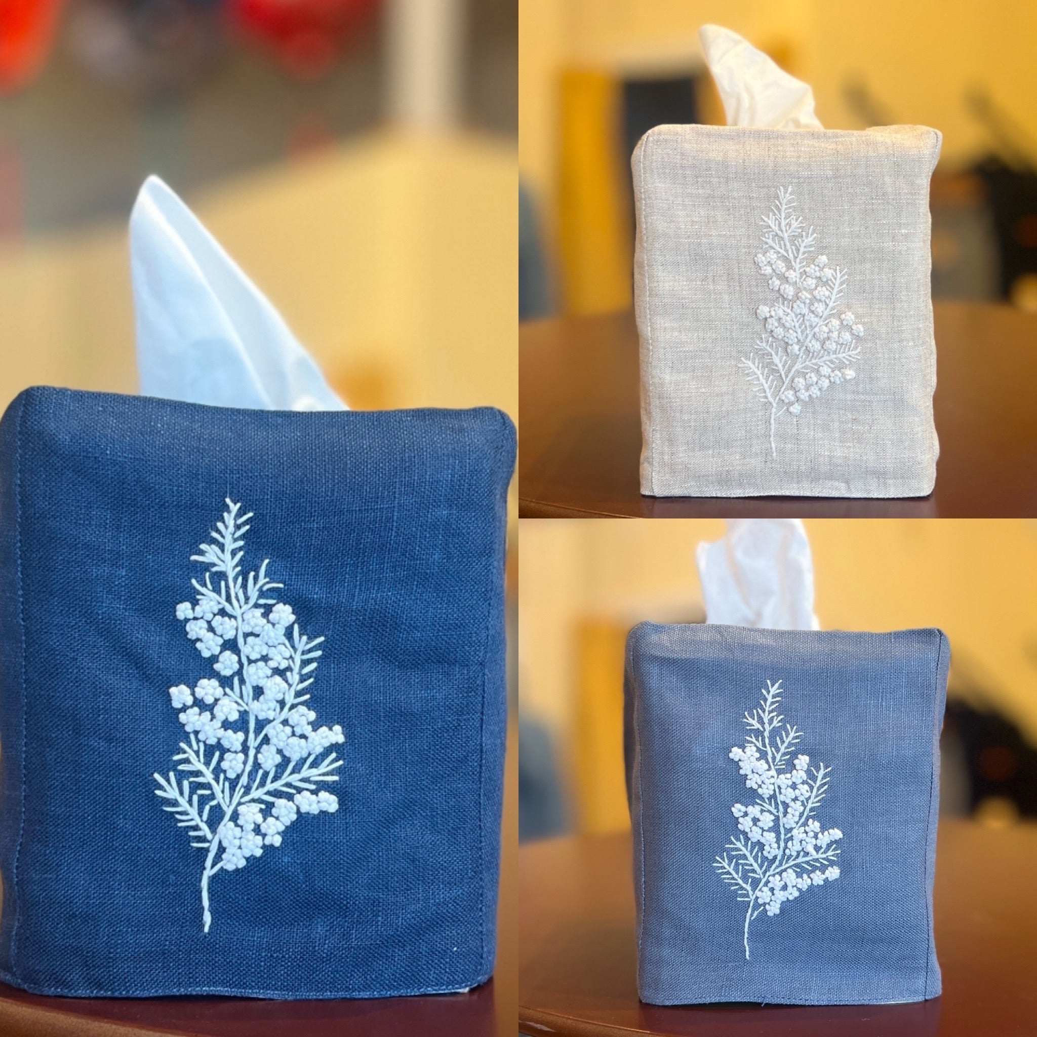 "Botanicals" Tissue Box Cover, hand embroidered linen