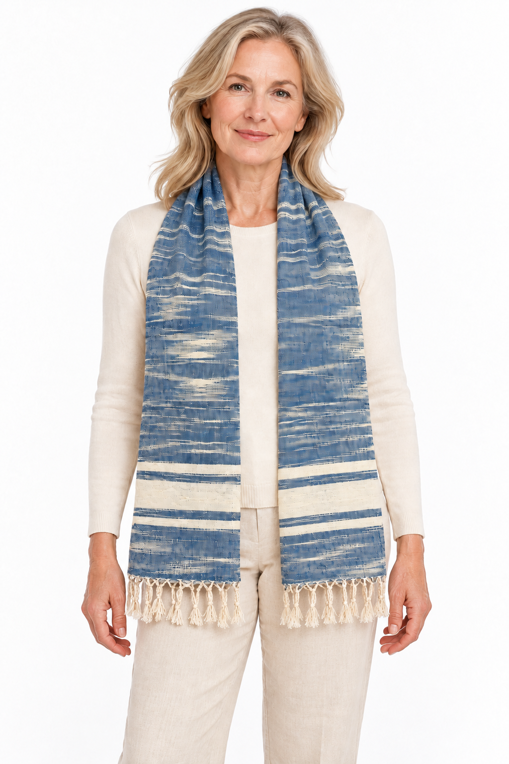 "Freestyle Ikat" Cotton Scarf, blue &white, 30" x 62", handwoven in Laos
