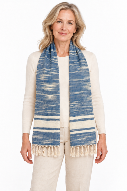 "Freestyle Ikat" Cotton Scarf, blue &white, 30" x 62", handwoven in Laos