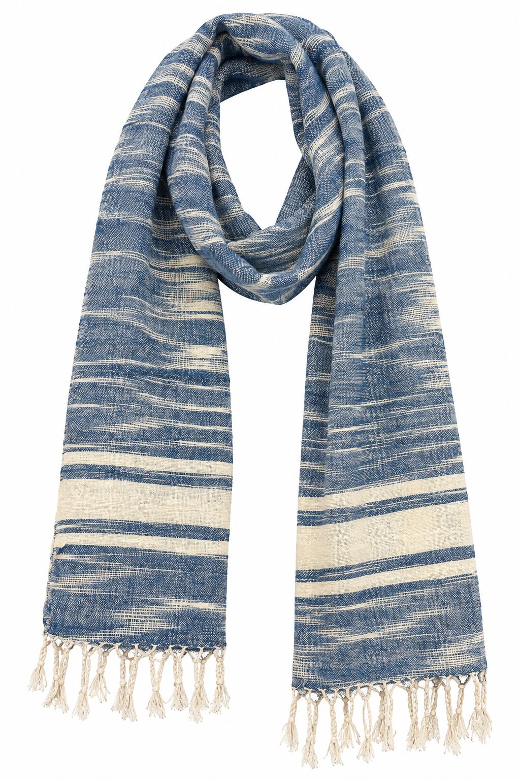"Freestyle Ikat" Cotton Scarf, blue &white, 30" x 62", handwoven in Laos