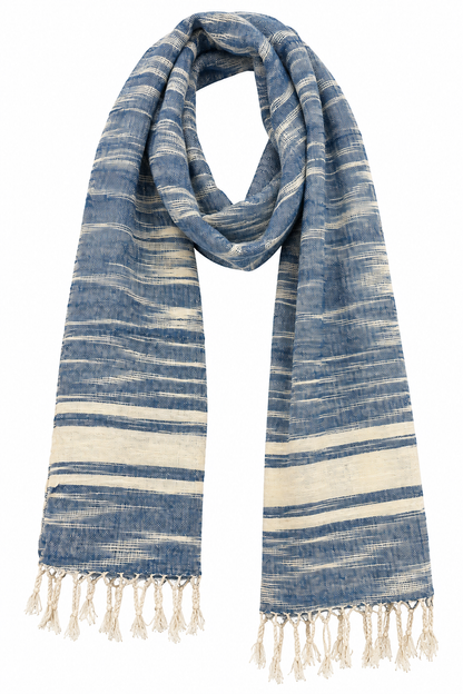 "Freestyle Ikat" Cotton Scarf, blue &white, 30" x 62", handwoven in Laos