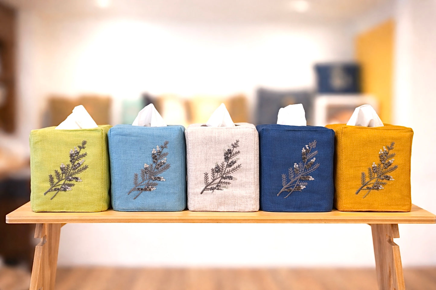 Tissue Box Covers, NEW "Gray Branch" group, hand embroidered linen