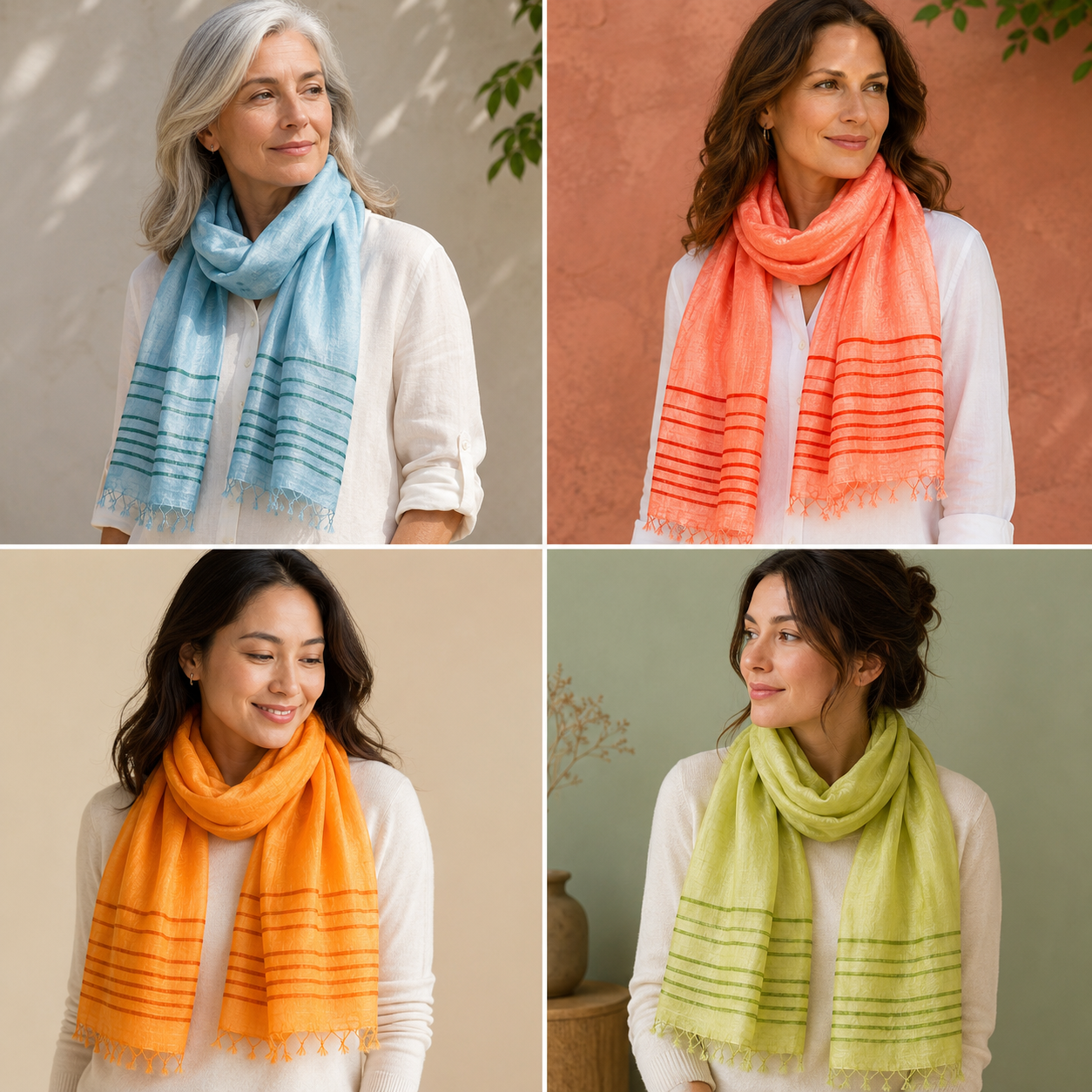 "Lines of Silk" Scarves, ~23" x 72", lightweight, silk/viscose blend, handmade in Vietnam