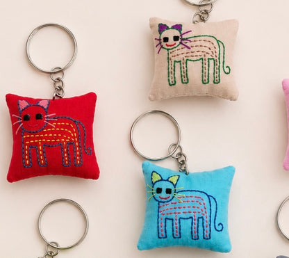 "Chalee" Keyrings, embroidered by Hmong in Laos— with cats and hearts