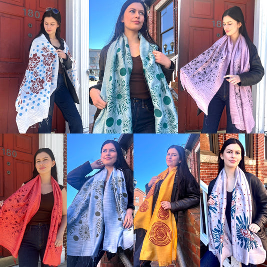 Screen Printed Silk Blend Scarves in 13 colors and patterns, hand printed in Vietnam