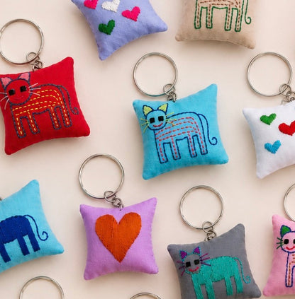 "Chalee" Keyrings, embroidered by Hmong in Laos— with cats and hearts