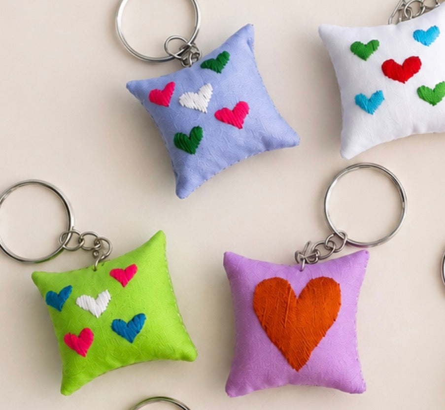 "Chalee" Keyrings, embroidered by Hmong in Laos— with cats and hearts